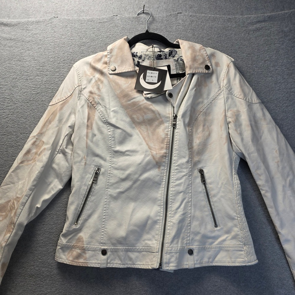 Coalition LA Dixie Jacket Womens Large White Faux Leather Moto Biker Zip Edgy